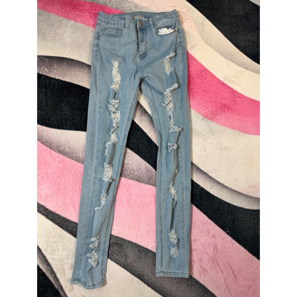 SHEIN Womens Light Wash Distressed Skinny Jeans Size 6 Medium Shredded Denim
